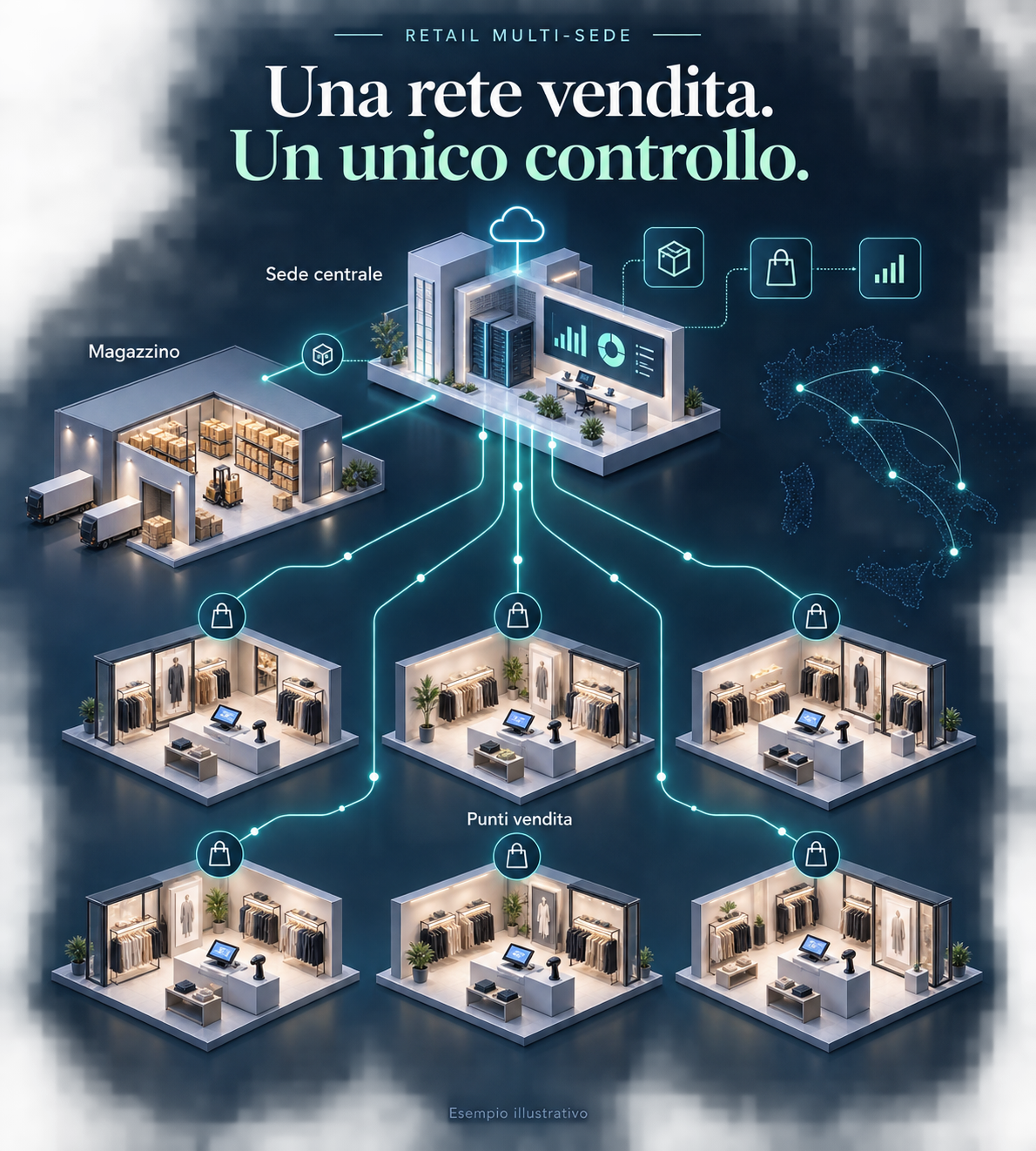 Software gestionale retail in Campania 1 Software gestionale retail: schema illustrativo con sede centrale, magazzino e sei punti vendita