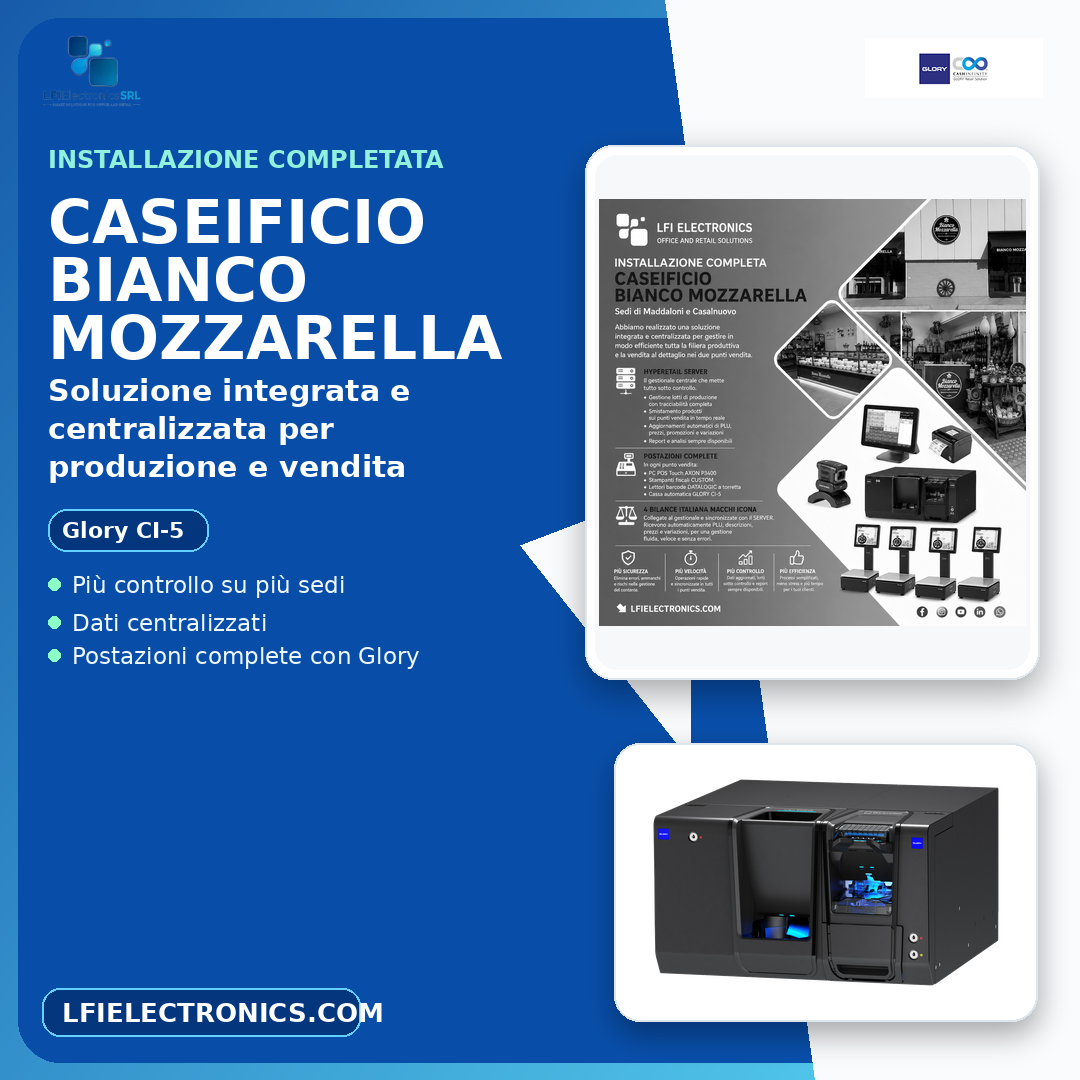 Installazione Glory CI-5 per caseificio tra Maddaloni e Casalnuovo - LFI Electronics
