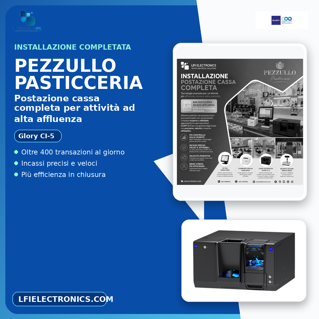 Installazione Glory CI-5 per pasticceria ad alta affluenza in Campania - LFI Electronics